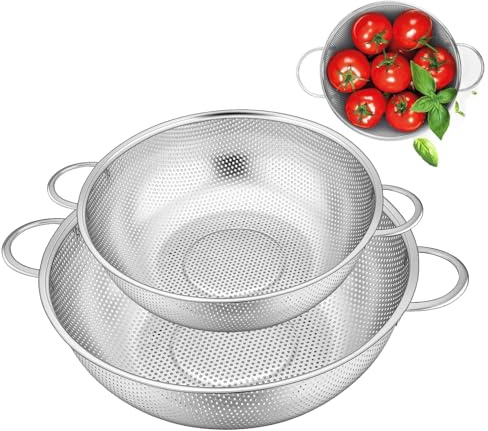 Küchensieb, Ø 22cm, 19cm Edelstahl Nudelsieb, mit Verstärktem Griff,2 Stück Siebkorb über, Für Nudeln Abtropfen, Gemüse und Obst, Spülmaschinenfest(Silber)