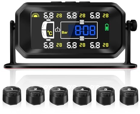 KAOLALI TPMS Reifendruckkontrollsystem, Solaraufladung Reifendruckkontrollsystem, Echtzeit-Überwachung von Druck und Temperatur, Zeitanzeige, Mit 6 Externen Reifendrucksensor für Van RV LKW