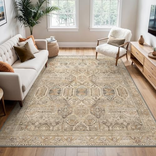 BEIMO Vintage Waschbarer Teppich Wohnzimmer, 150x210cm Hellbraun | Boho Orientalisch, Großer Weicher Kurzflor Carpet mit Rutschfester für Küche und Bettvorleger Schlafzimmer