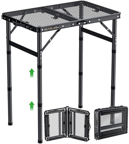 GARLLRN 2ft Folding Grill Table, 3 Adjustable Height Lightweight Camping Table with Heat-Resistant Mesh Desktop, Portable Aluminum Outdoor Tables for BBQ, Camping, Picnic, 22.8 L x 15.7 W, Black