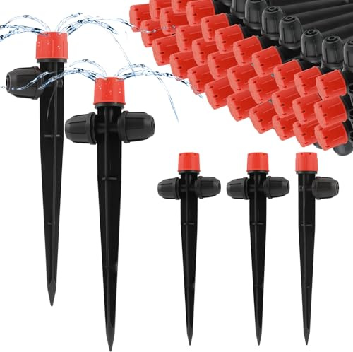 Kalolary - 35 emisores para riego por goteo, 2 formas, para tubos de 1/4, ajustables a 360 grados, 8 orificios, con cerradura para sistema de riego de jardín (rojo)