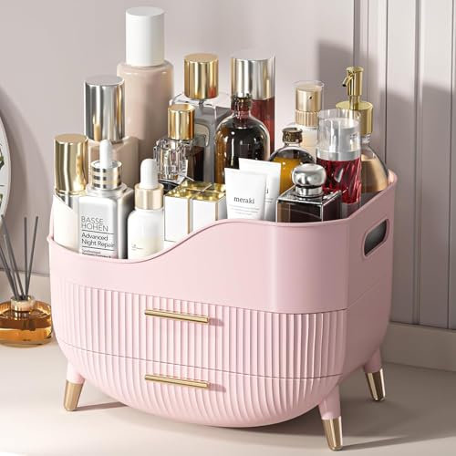 Suyoo Makeup Organiser with Drawers, Large Capacity Skincare Cosmetic Organiser for Vanity,Cosmetic Display Cases Makeup Storage Box for Bedroom, Bathroom, Ideal Gifts for Women(Pink)