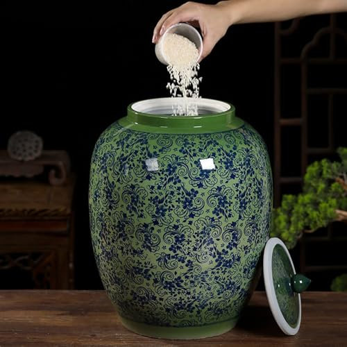 YCBTPS Rice Storage Bucket With Lid, Ceramic Rice Barrel 25kg, Beans Sealed Containe, Candy Food Dispenser, Ceramic Decorative Cylinder For Grain Storage(33lb-15kg)