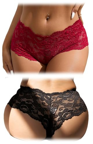 comeondear Brasilianska trosor dam sexiga tanga chic hot string spets andas stor storlek damunderkläder trosor foder bomull stretch trosor låg midja underkläder set med 1/2 S-5XL, 2-svart + röd, L