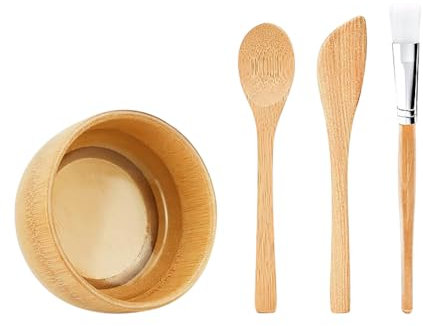 FSSTUD Lot de 4 outils de mélange de masques faciaux en bois pour le visage, bol de soins de la peau, cuillère, spatule, applicateur de soins de la peau, kit de masques faciaux, bol de beauté pour