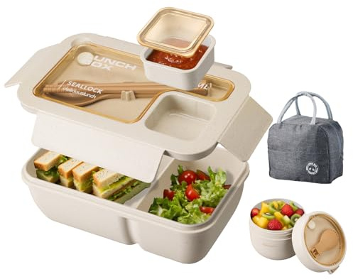 Nymblis Lunch Box Adults, Bento Box Set with Utensils, Lunch Bag, Oats Container with Spoon, Leakproof Lunchbox for Food Storage, Meal Prep Container for Men Women Office School Picnic(Beige)