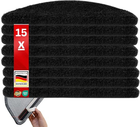 etm Original Stufenmatten Treppen-Teppich 15er Spar Set 20 Farben und 20 Modelle zur Auswahl (Schwarz, Halbrund 65 x 23,5 cm) Barcelona