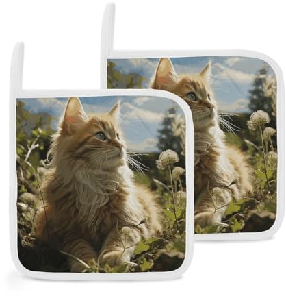 Confezione da 2 presine a forma di gatto seduto in campo verde, resistenti al calore, spesse, con passanti per appenderli, antiscivolo, facili da pulire, piccoli cuscinetti caldi per cucina, cucina