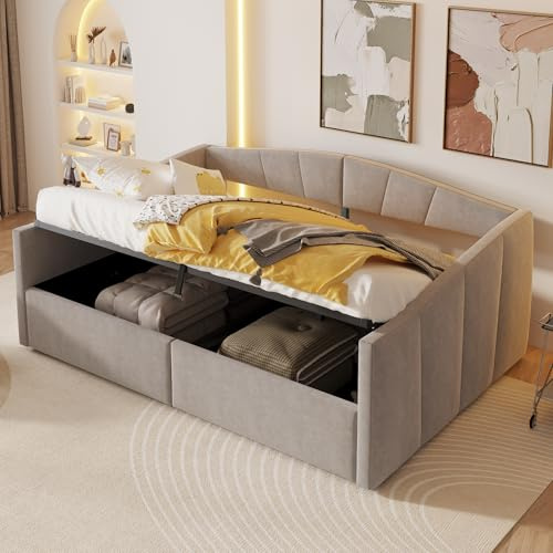 TOBIDOEN Polsterbett Schlafsofa 140x200 mit Bettkasten Stauraum, Klassische Streifen Sofabett mit Hydraulischer Lagerung, Lattenrost und Armlehnen, Tagesbett Daybed im Samtstoff, Hellgrau