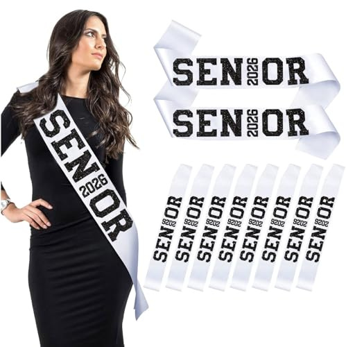 10Pcs White Senior 2026 Satin Sashes with Black Glitter Letters- 2026 Graduation Celebrations Sashes - Senior Cheer Sash - Cheerleader Sash - Class Competition Sashes