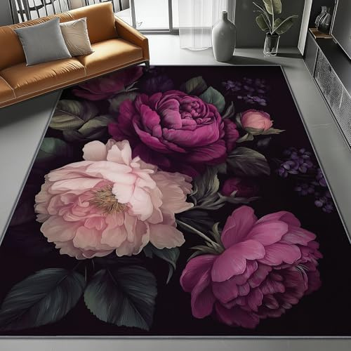 Tapis De Salon 50 X 80 Cm Style Classique Pivoine Pétales Plante Antidérapant À Poils Courts – Doux Et Moelleux pour Salon Et Chambre À Coucher, Facile À Nettoyer