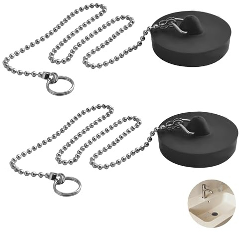 SZWLJ 2PCS Black Sink Plug‌ - 1.85in Rubber Bath Plug and Chain‌ with 15.7in Stainless Steel, Prevents Water Loss Odors, Ideal Bath Plug Replacement‌ for Bathrooms & Kitchens.