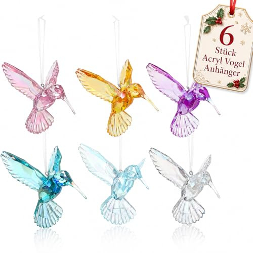 NUOBESTY 6 Stück Acryl Vogel Anhänger, Kolibrideko Sonnenfänger Fensterdeko Hängend Bunte Kristall Optik Hummingbird Ornament für Weihnachtsbaum, Garten, Fenster, Wohnzimmer, Party