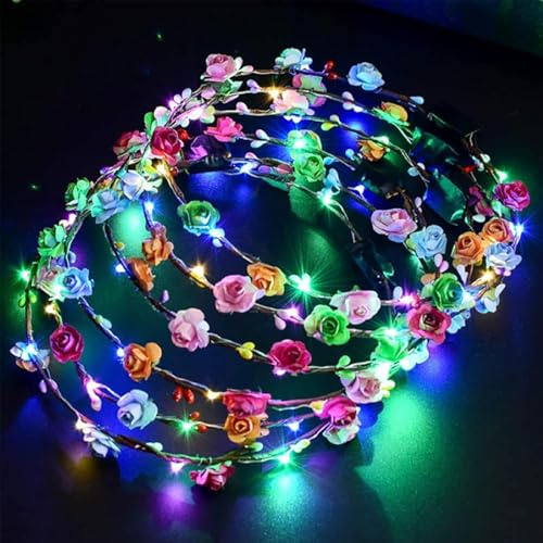 Kaleora LED Blumenkranz Stirnband, 6 Stück, Bunt Haarkranz | Schaumstoff Blumen mit Lichterkette, LED Blumenkranz Leuchtend für Karneval, Hochzeit, Festival Party Kopfschmuck
