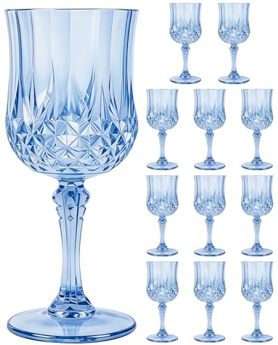 XYUNE 12 Pcs Plastic Wine Glasses, Blue Vintage Water Goblets 200ml Reusable Disposable Unbreakable Drinking Cups Bulk for Wedding Party Event