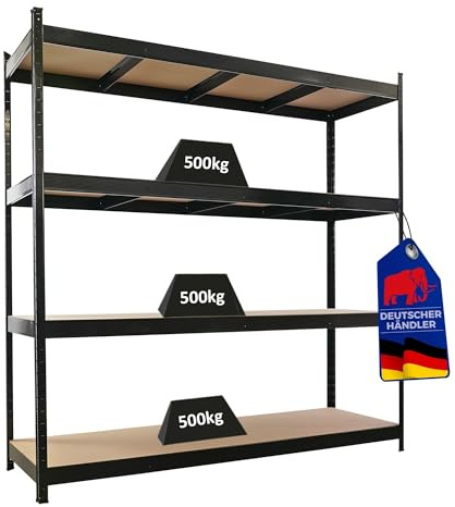 PROREGAL Profi Schwerlastregal MDF-Böden Hercules schwarz 60cm tief, 200x200x60cm, 4 MDF-Platten-Ebenen 6,8mm, Fachlast 500kg, Metallregal Lagerregal Steckregal Regal