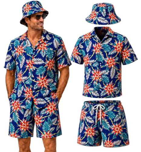 ZHIVEMEi Hawaii Hemd Herren Set mit Shorts & Hut, Hawaii Outfit Männer Hawaiihemd Festival Herren Mallorca Party Kostüm Sommer
