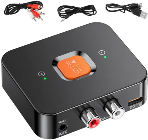 Receptor Bluetooth 6.0 Adaptador Audio AUX R CA 3,5mm HiFi para 2 teléfonos | Bluetooth 6.0, AUX/R CA 3,5 mm, doble conexión para 2 teléfonos, manos libres, compatible con HiFi, amplificador y altavoces