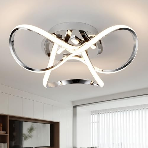AUROLITE AL1015D Contemporary LED Chrome Semi Flush Ceiling Light, 12W 2200LM, Dimmable, 3000K Warm White, Modern Swirl Design, Ideal for Lounge, Living Room and Bedroom