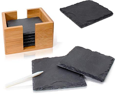 Amazy Schiefer Untersetzer Set (8 Stück) inkl. Kreidestift – Dekorative Glasuntersetzer aus 100% Natur Schieferplatten mit praktischem Halter aus edlem Bambus – Tolle Geschenkidee (eckig | 10x10 cm)