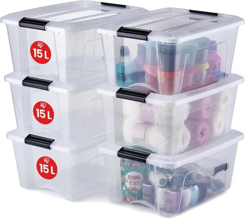 Iris Ohyama Aufbewahrungsboxen mit Deckel, 15L, 6er-Set, Transparent, Sicherer Verschluss, Stapelbar, Griffe, Schlafzimmer, Schrank, Büro, Organisation, BPA-freies Plastik, Ordnungsboxen, NTB-15