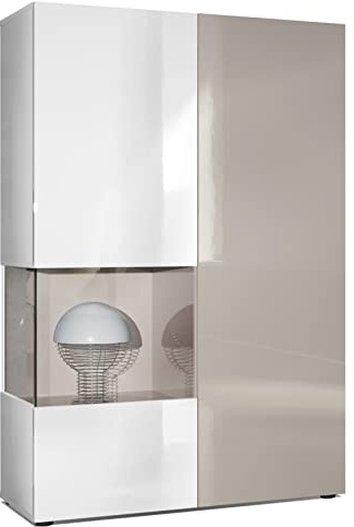 Vladon Vitrine Kommode Hochschrank Morena, Made in Germany, Korpus in Weiß matt/Rechte Tür und der Einsatz in Sandgrau Hochglanz