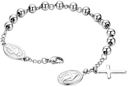 Flongo Rosenkranz Herren Armband Damen Armkette Kette, Edelstahl Kugelkette Armreif Silber Gold Golden Jungfrau Maria Heilige Maria Mutter Gottes mit Kreuz Medallion Anhänger