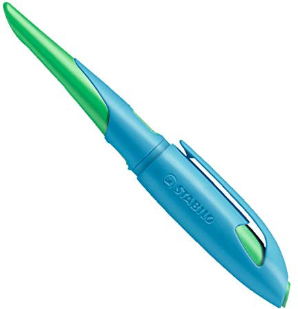 STABILO - Ergonomischer Schulfüller für Linkshänder mit Anfänger-Feder A - EASYbirdy in himmelblau/grasgrün - Einzelstift - inklusive Patrone - Schreibfarbe blau (löschbar)