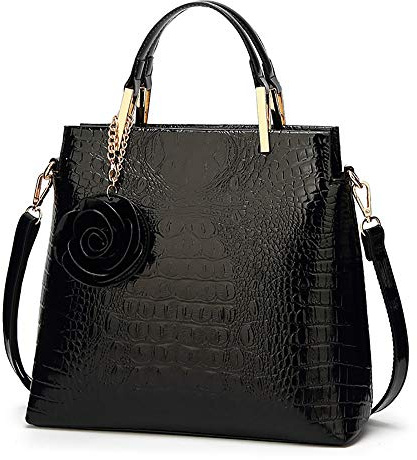 KEEPOP Borsa da donna Spalla Borsa Pelle verniciata Borsetta Designer Crocodile Rosa Borsa con manico superiore Borsa da ufficio, Nero