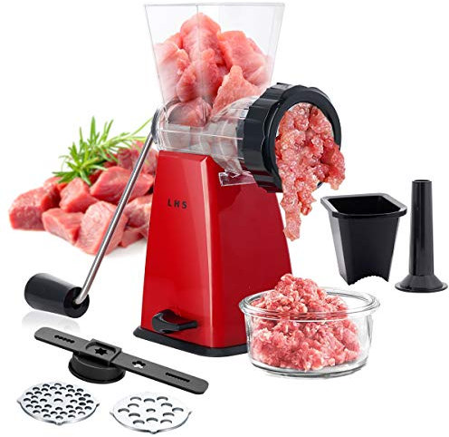 Manual Meat Grinder with Stainless Steel Blades Heavy Duty Powerful Suction Base for Home Use Fast and Effortless for All Meats-Red