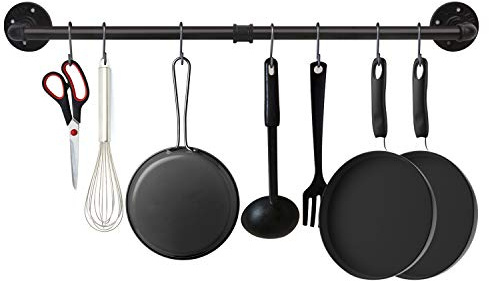 EGASON 34.3 inch Industrial Pipe Pot Bar Rack with 15 S Hooks Rustic Iron Pots and Pans Hanging Rail Pipe Towel Holder Wall Mounted Detachable Kitchen Utensil Pan Lid Organizer Black