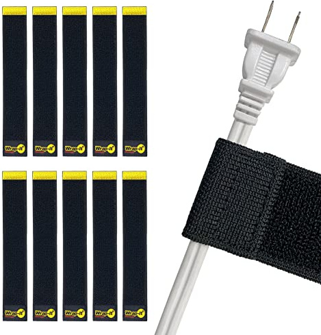 Selfie Straps by Wrap-It Storage, 9-inch (10-Pack), Black - Stretchy Hook and Loop Cord Organizer that Stays Attached to Cord for Electrical Cable Management and Organization