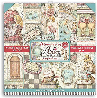 Stamperia International SBBS42 Pad-Double Face Through The Looking Glass Mini-Scrapbooking-Block, doppelseitig, Alice durch das aussehende Glas, verschieden, 8 x 8 inches