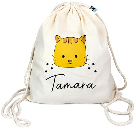 Manilu Bio Turnbeutel mit Namen personalisiert & Bedruckt | Motiv Katze Gelb | Stoffbeutel Schuhbeutel Sportbeutel Wäschebeutel Rucksack für Kinder Jungen & Mädchen | inkl. NAMENSDRUCK