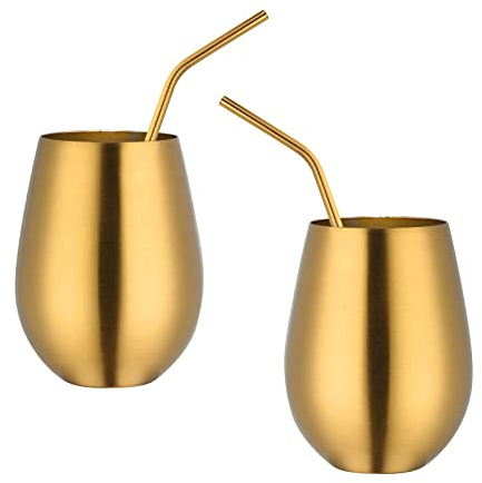 Buyer Star Stainless Steel Wine Glasses - Set of 2 Large & Elegant Stemless Goblets (17.6 oz) with Straw - Unbreakable, Shatterproof Metal Drinking Tumblers (Gold)