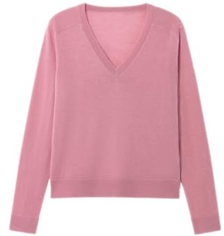 Suéter de lana merina para mujer, casual, ligero, cuello en V, manga raglán, suéter de punto holgado, Rosado, M