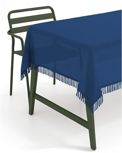 texpot Gartentischdecke 140 cm rund Blau mit Fransen wetterfest geschäumt rutschfest