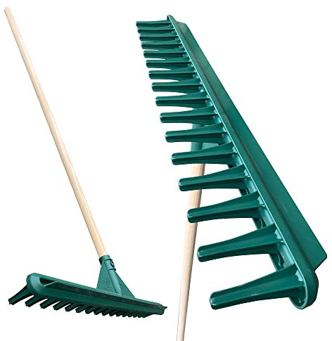 70cm Large Garden Rake with Long Wooden Handle, 16-Teeth Durable Plastic Rake with a Built-in Flat Piece for Soil Leveling, Traditional Grass Rake for Leaves, and Lawn Rake for Gardening & Landscaping