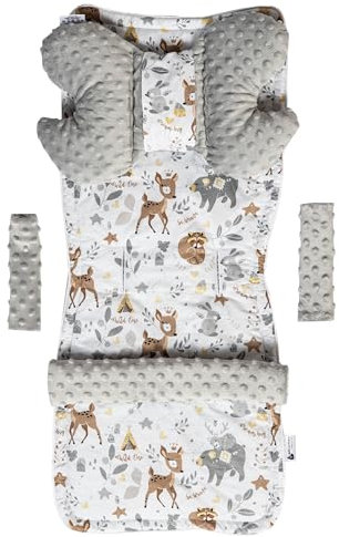Medi Partners Sitzauflage Kinderwagen Buggy Baby Sommer Kindersitz Einlage Universal - 5tgl Gurtpolster + Spielbogen Kinderwagenset Babyschale (REH mit Grauer Minky)