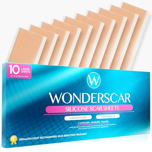 WONDERSCAR™ 10 Large Silicone Scar Sheets (5.7 x 1.6) Medical Grade Recovery Treatment. Keloid Bump Tape. Removal of C-Section, Burn, Stretch Marks, Acne. Reusable Gel Strips with Stick Pad Patches