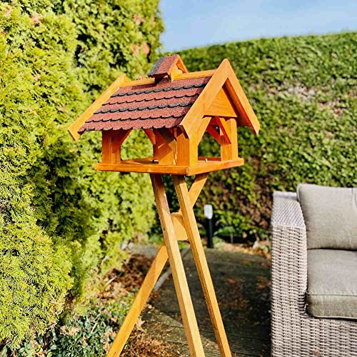 DARLUX Rechteckiges Vogel Futter Haus L - XL Futterstelle Holz Vogelhaus wetterfest für den Garten oder Balkon. Mit Bitum Schindeldach. (XL mit Ständer, Rot - Braun)