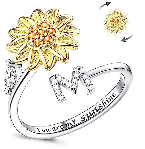 Kucheed Anello Fidget Per Donna, Anello Spinner Regolabile Con Girasole, Cerchio Con Lettera Di Ansia Antistress Impilabile in Argento, Inciso 'You Are My Sunshine'All Interno Del Gioiello(M)