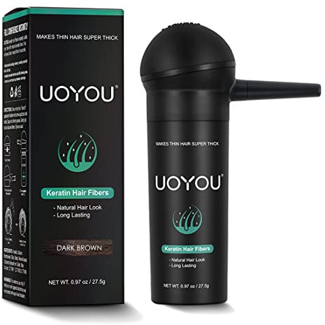 UOYOU Hair Fibres DARK BROWN 27.5g with Pump Applicator – Natural Keratin Hair Building Fibers for Thinning Hair – Undetectable, Sweat- & Wind-Resistant Concealer for Men & Women