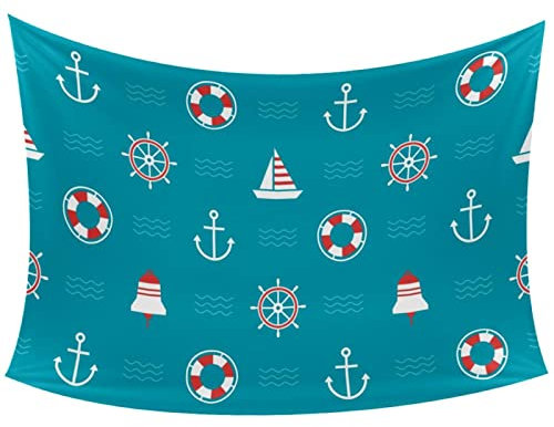 Nautischer Anker, Rettungsring, Kompass, blauer Wandteppich, Wandbehang, personalisierbar, 152,4 x 101,6 cm, 152,4 x 130,8 cm, Wanddekoration