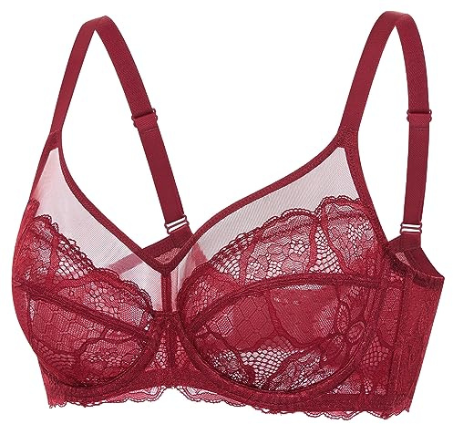 DOBREVA Women's Lace Full Coverage Minimiser Bra Unlined Underwire See Through Plus Size Bra Chinese Red 36E