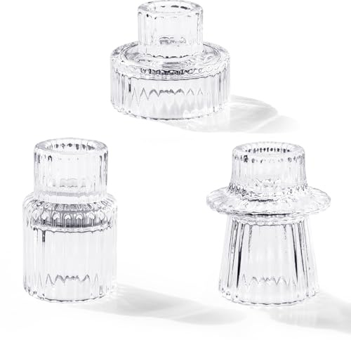 Toptime Bougeoir Verre, Set de 3 Photophores Transparents pour Bougies et Bougies Chauffe Plat, Chandeliers en Cristal pour Décoration de Table, Bougeoirs Décoratifs pour Mariage, Anniversaire, Noël