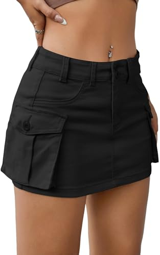 EARKOHA Women's Mini Cargo Skirt Y2K Button Low Waist Short Skirts Bodycon Denim Jean Skirt with Flap Pockets Black 2XL