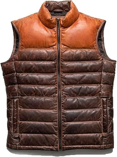Herren Lammfell Lederweste I Braun Zweifarbig Puffer Lederweste I Braun Distressed Steppleder Puffer Weste, Braun, XL