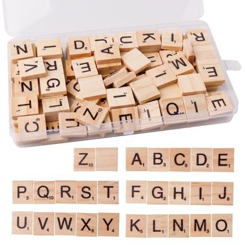 FRUHLING 100 Stück Holzbuchstaben Scrabble Buchstaben Holz A-Z Puzzle Buchstaben Fliesen Holz Alphabet für Brettspiele Hochzeit Rahmen Wandkunst DIY Handwerk