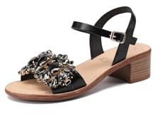 QUEEN HELENA Sandalias con pedrería de tacón bajo para mujer Y6023, Negro , 39 EU